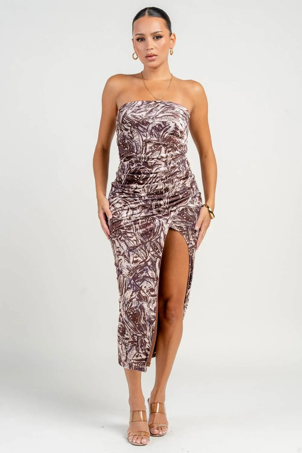 HD30517NST / STRAPLESS PLEATED DETAILED SPLIT LEG MIDI DRESS sold by privy product image thumbnail 4