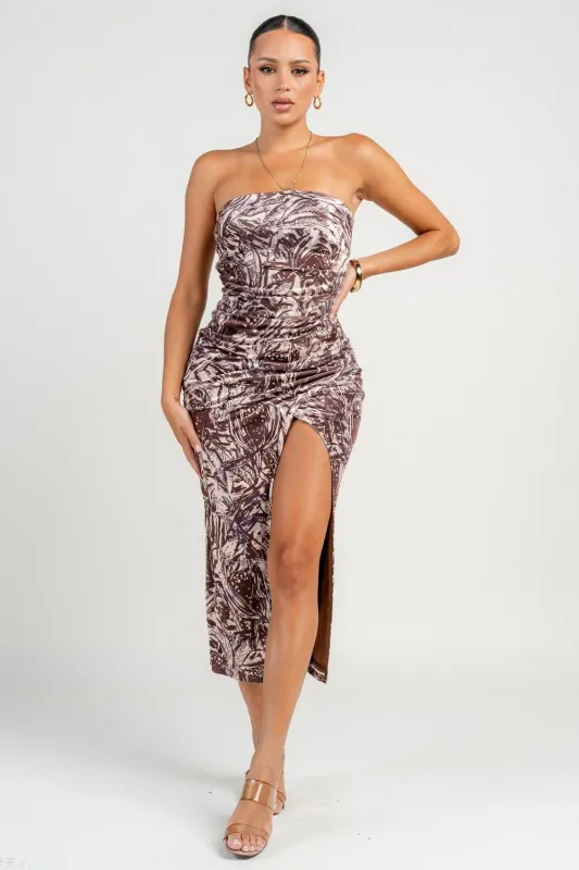 HD30517NST / STRAPLESS PLEATED DETAILED SPLIT LEG MIDI DRESS sold by privy