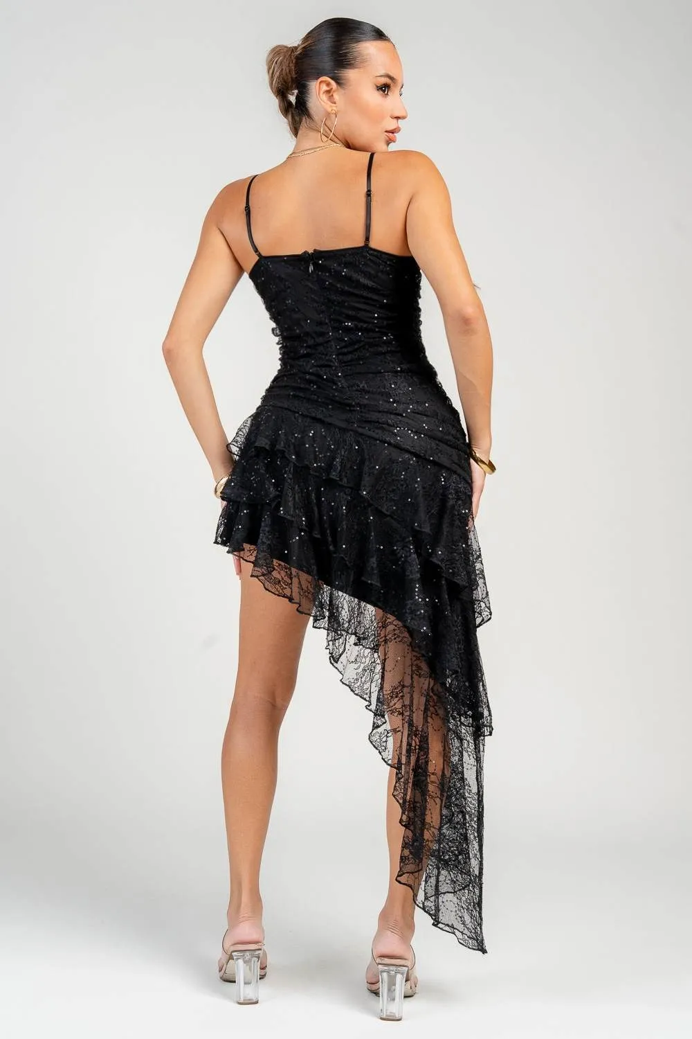 PD79337B / Bustier Ruching Asymmetrical Hem Ruffle Mini Dress sold by privy product image thumbnail 3