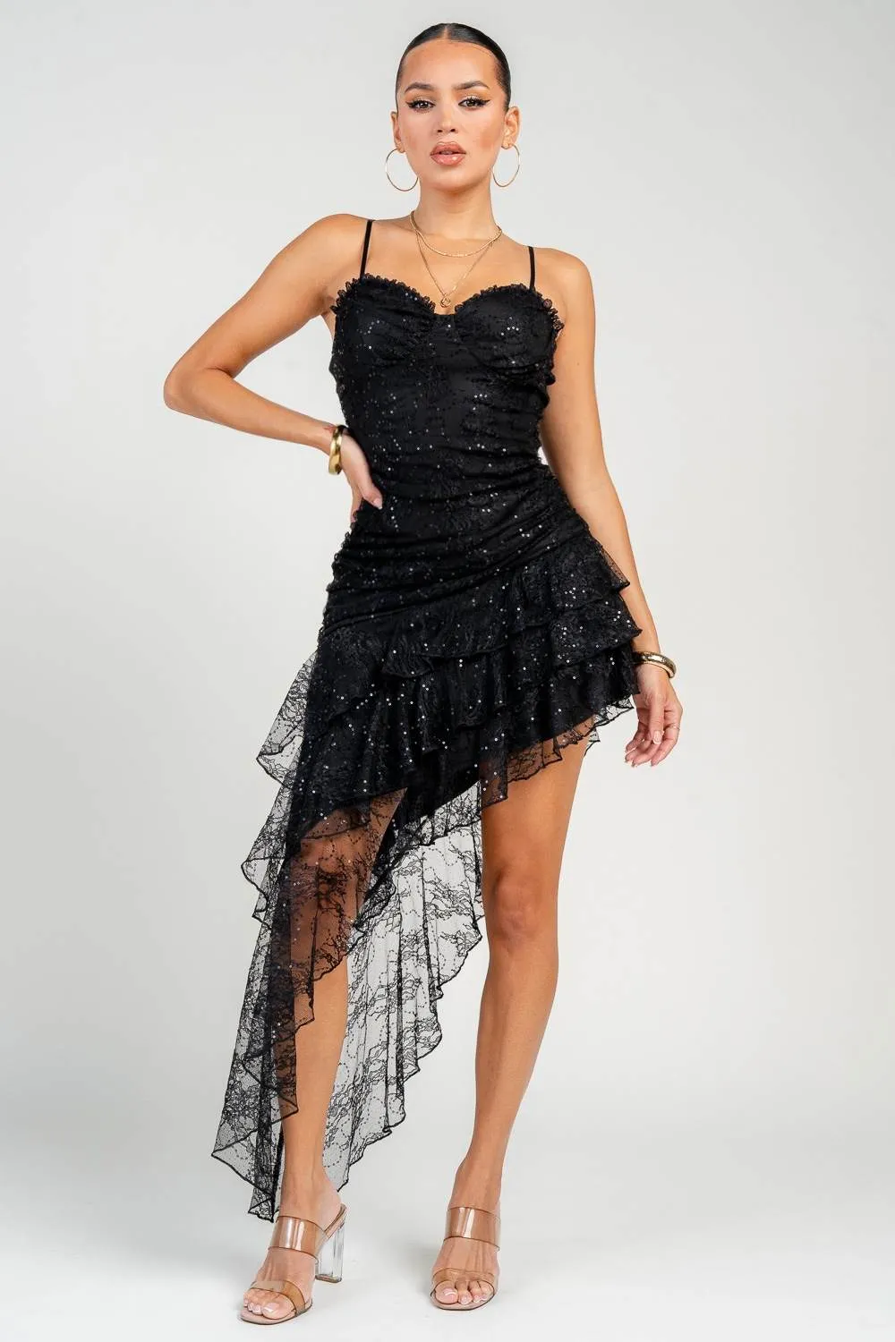 PD79337B / Bustier Ruching Asymmetrical Hem Ruffle Mini Dress sold by privy