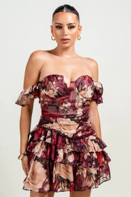 PD79273S / BUSTIER OFF SHOULDER RUFFLE SLV RUCHING FLARE MINI DRESS sold by privy