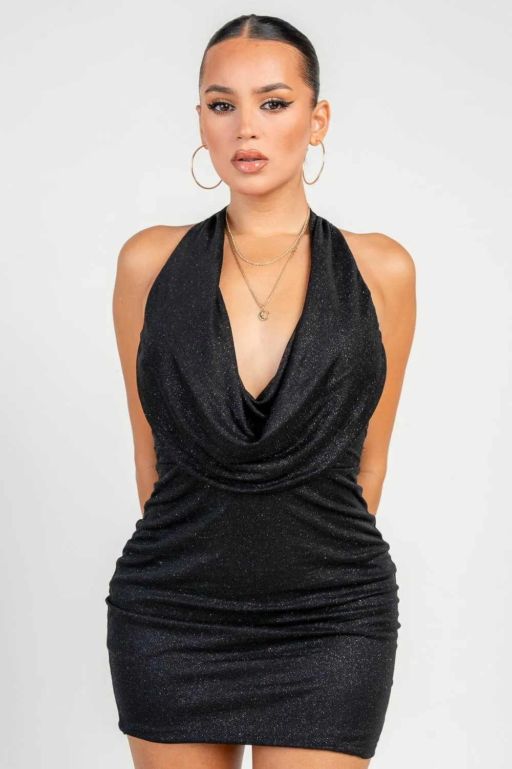 HD30393B / COWL HALTER NECK A-LINE MINI GLITTER MESH MINI DRESS sold by privy product image thumbnail 5