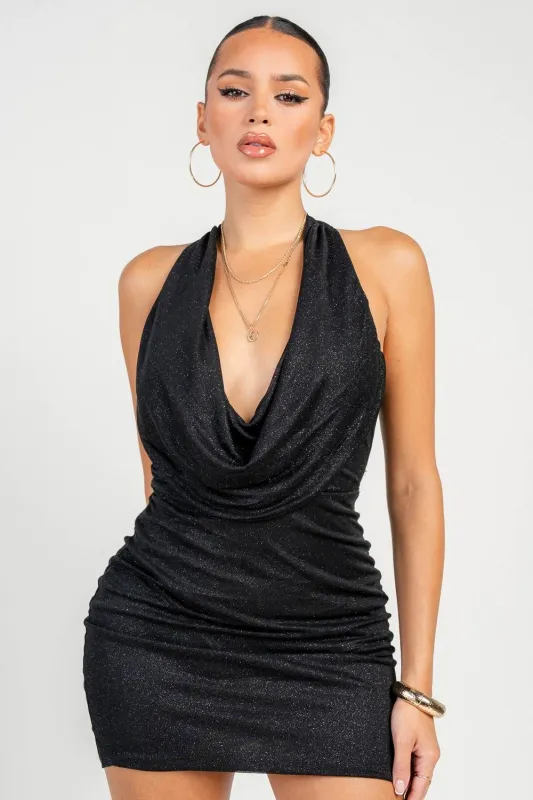 HD30393B / Cowl Halter Neck A-Line Mini Glitter Mesh Mini Dress sold by privy