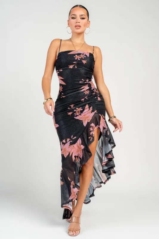 HD30482BD / Glitter Mesh Print High-Low Ruffle Maxi Dress sold by privy