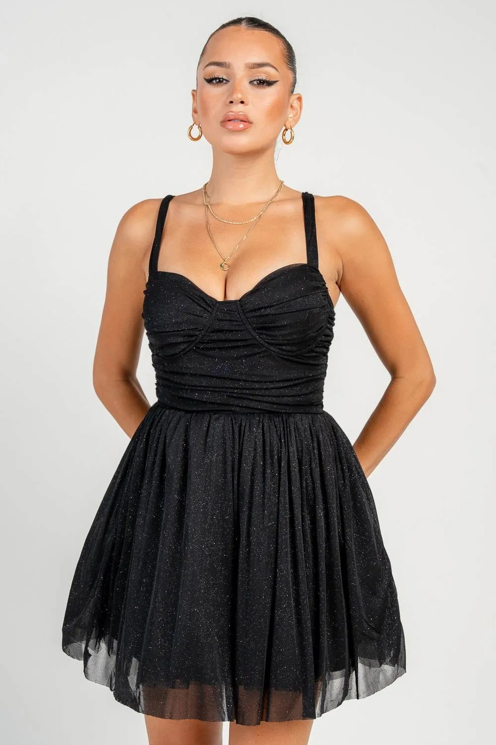 HD30333N / Glitter Mesh Ruched A-Line Mini Dress sold by privy product image thumbnail 4