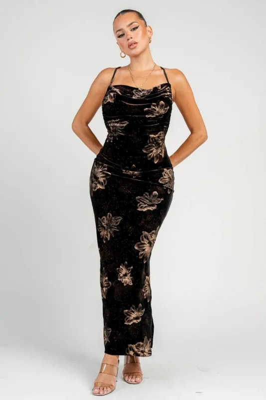 HD30664K / Chiffon Jacquard with Chains & Bead Detail Midi Dress sold by privy