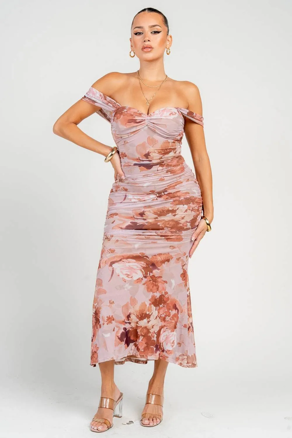 PD79355N / Off Shoulder Bustier Ruching Maxi Dress sold by privy product image thumbnail 3