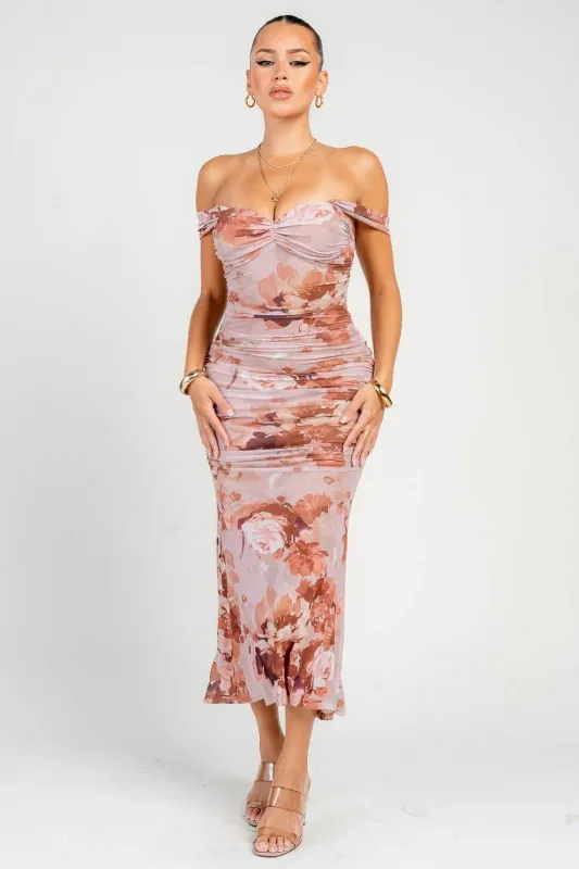 PD79355N / Off Shoulder Bustier Ruching Maxi Dress sold by privy