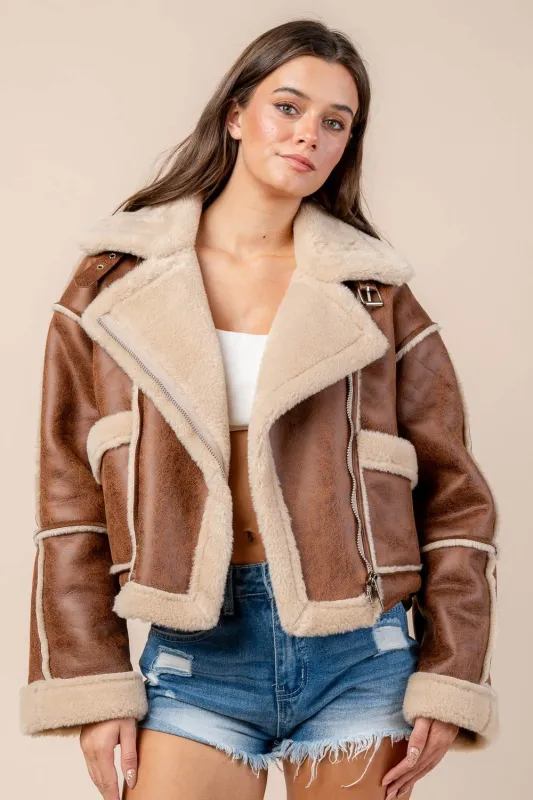 CG60073N / Sherpa Bonded Pleather Jacket with Zipper and Belted Neck Detail sold by privy