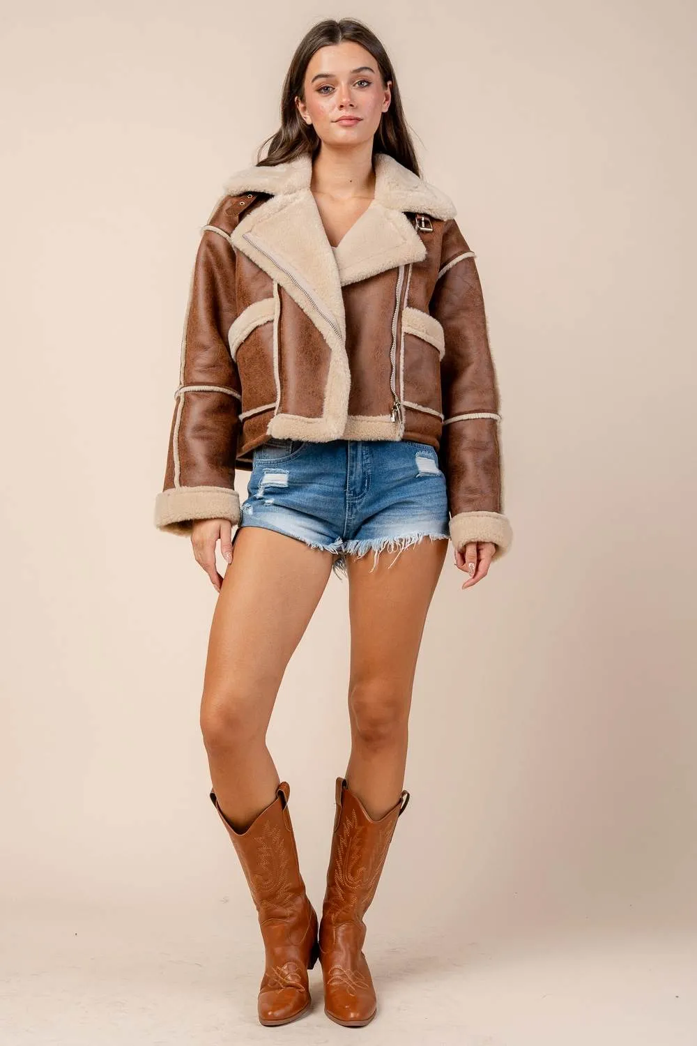 CG60073N / Sherpa Bonded Pleather Jacket with Zipper and Belted Neck Detail sold by privy product image thumbnail 5