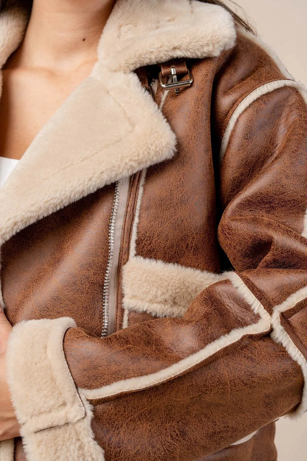 CG60073N / Sherpa Bonded Pleather Jacket with Zipper and Belted Neck Detail sold by privy product image thumbnail 2