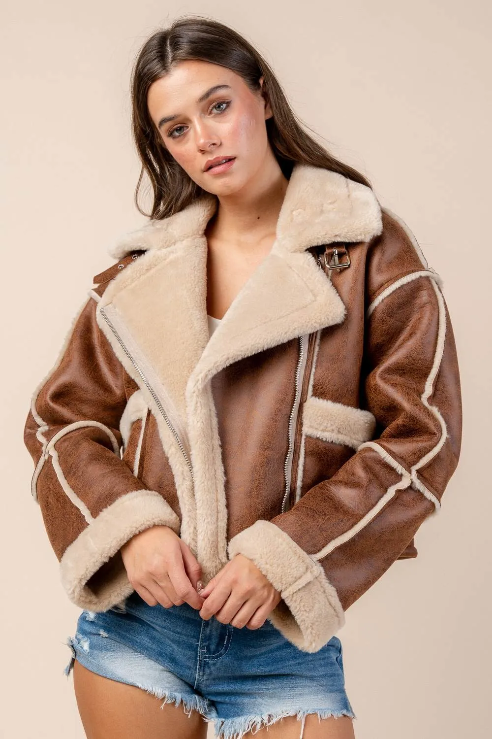 CG60073N / Sherpa Bonded Pleather Jacket with Zipper and Belted Neck Detail sold by privy product image thumbnail 3