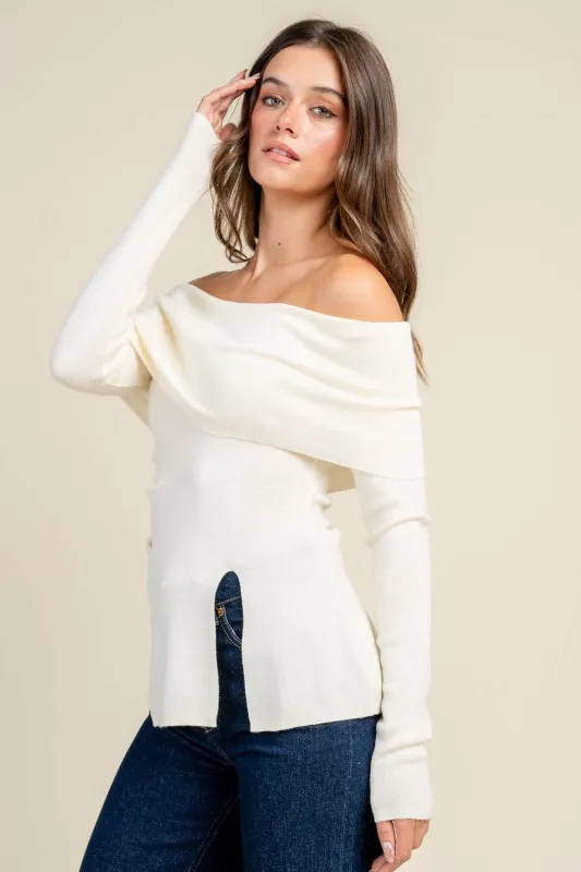 BT3301C / Off Shoulder Long Sleeve Top with a Side Slit sold by privy