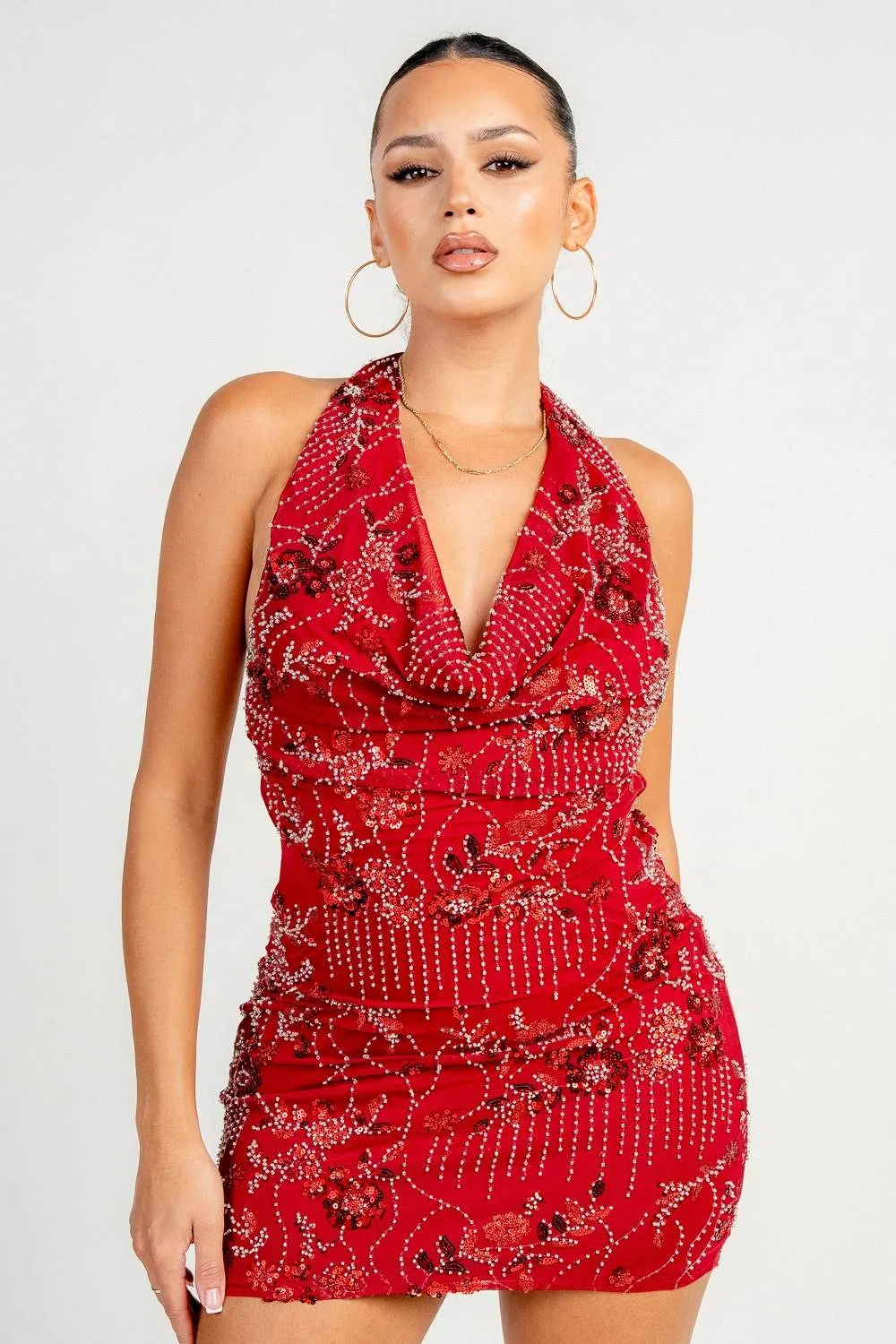 HD30563E / Bead Cowl Neck Backless Mini Dress sold by privy