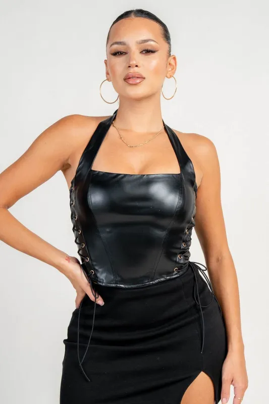 PT45573E / Eyelet Side Detail Halter Neck Corset Top sold by privy