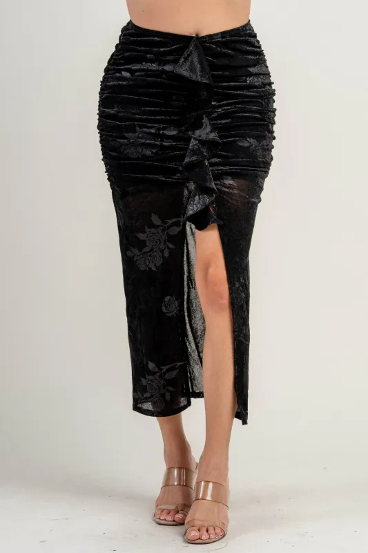 PB31994K / HIGHWAIST RUFFLE CENTER FRONT SLIT MAXI SKIRT sold by privy