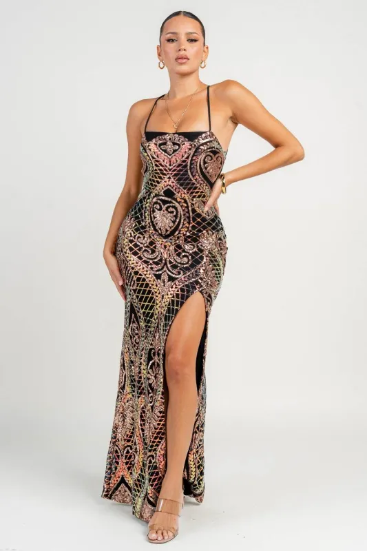 HD30195E / STRAPPY OPEN BACK PATTERN SEQUINS HIGH SLIT MERMAID GOWN sold by privy