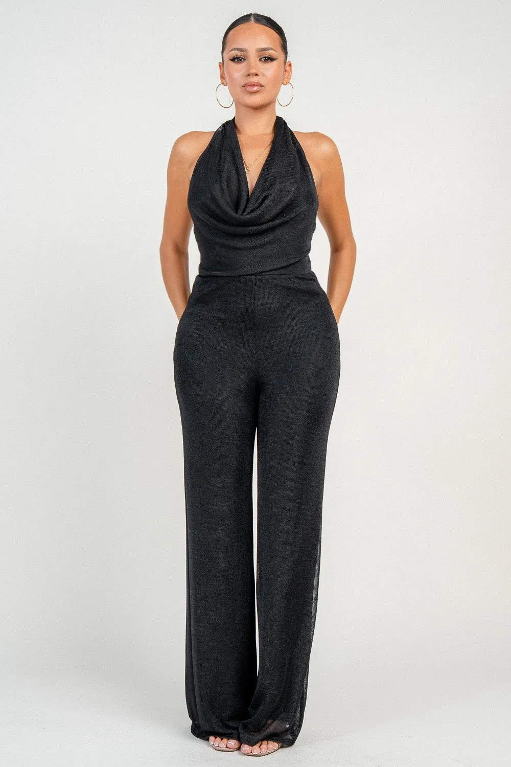 HJ1048K / Halter Cowl Neck Metallic Jumpsuit sold by privy product image thumbnail 3