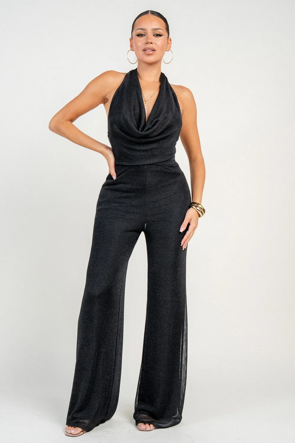 HJ1048K / Halter Cowl Neck Metallic Jumpsuit sold by privy