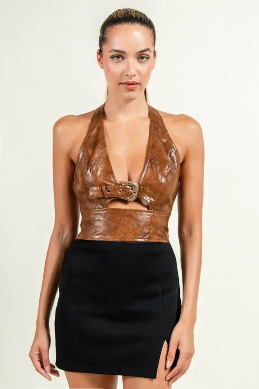 HT4054E / HALTER NECK CUT-OUT FRONT W/ BUVKLE DETAIL WASHED EFFECT FAUX LEATHER TOP sold by privy