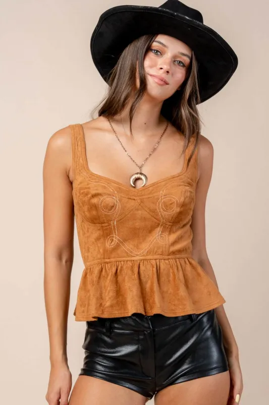 CT10623N / EMBROIDERED DETAILED SUEDE PEPLUM S/L TOP sold by privy