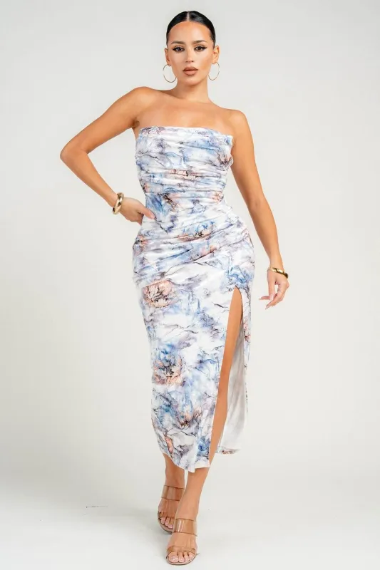 HD30516N / STRAPLESS PLEATED DETAILED SPLIT LEG MIDI DRESS sold by privy