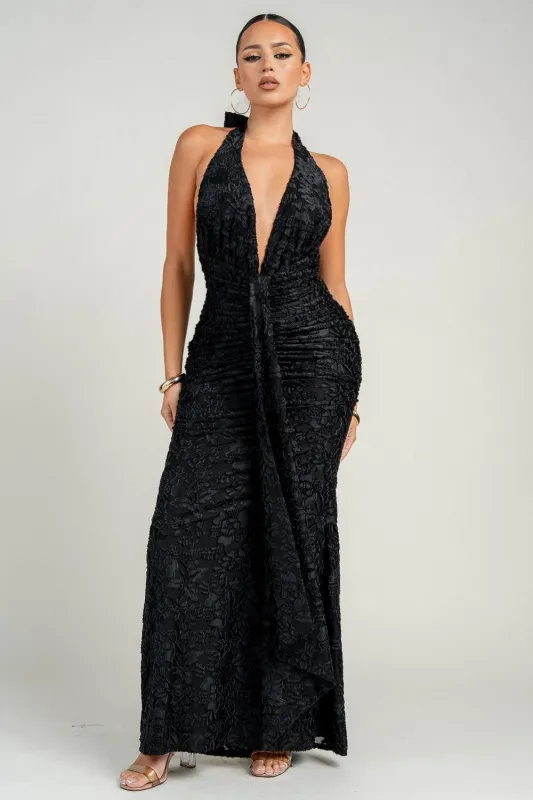 HD30538STP / DEEP PLUNGE HALTER TIE MAXI DRESS sold by privy