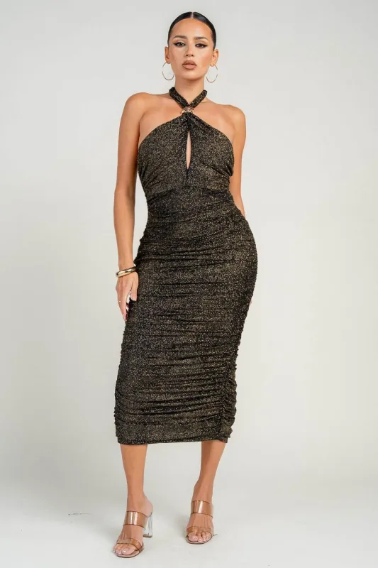 HD30593NST / HALTER NECK TRIM INSERT RUCHED BODYCON MINI DRESS sold by privy