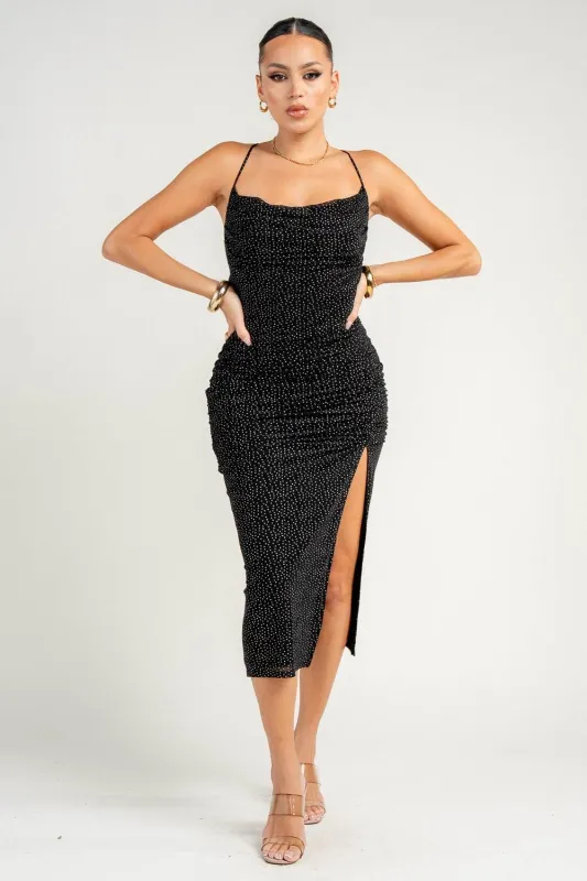 PD79191KST / Cowl Neck X Back Tie Front Slit Ruching Midi Dress sold by privy