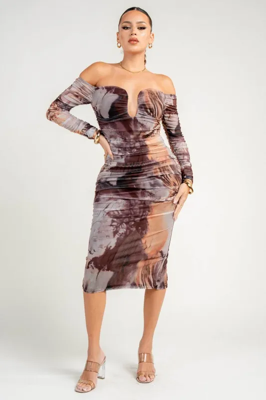 HD30734NST / Off Shoulder Long Sleeve Bodycon Midi Dress sold by privy