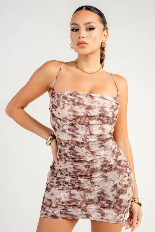 HD30670KST / Cowl Neck Back Lace Up Embroidered Mesh Print with Hot Fix Mini Dress sold by privy