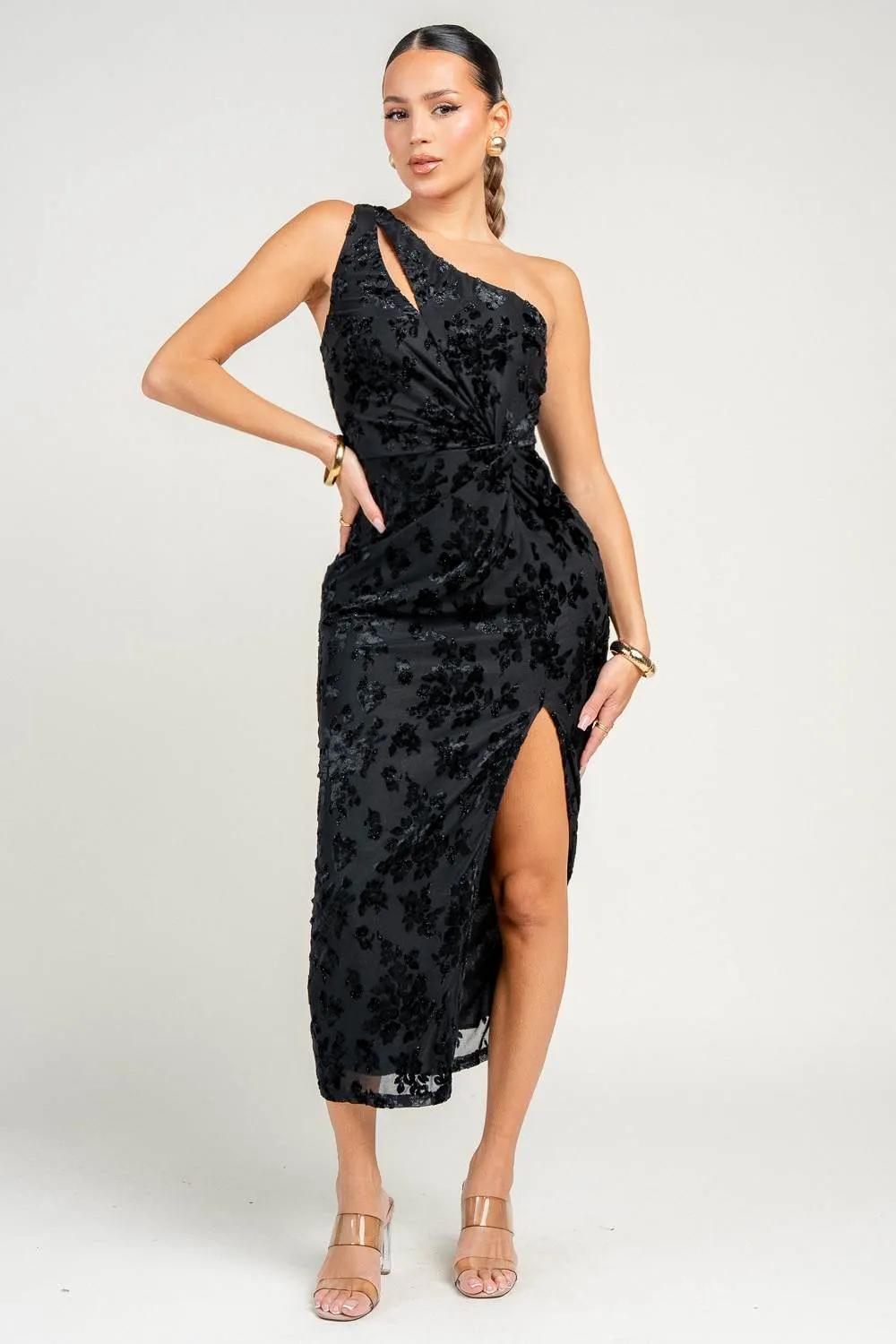 HD30823N / VELVET BURNOUT ONE SHOULDER MIDI DRESS sold by privy