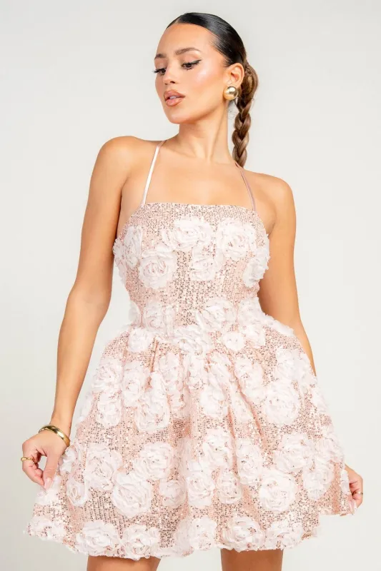 HD30197N / STRAPPY OPEN BACK 3D SEQUIN LACE MINI DRESS sold by privy