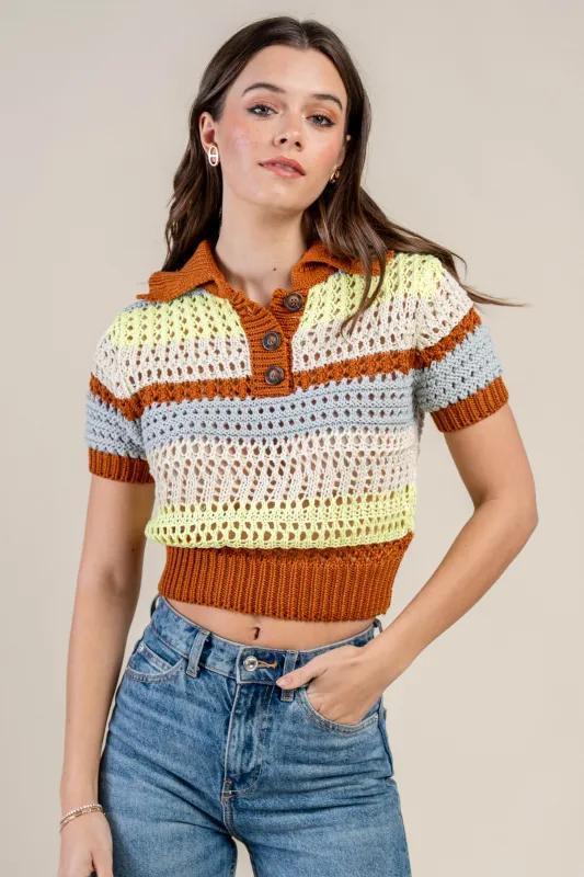 BT2383C/ CHIC MULTICOLOR KNIT CROCHET PULLOVER TOP sold by privy