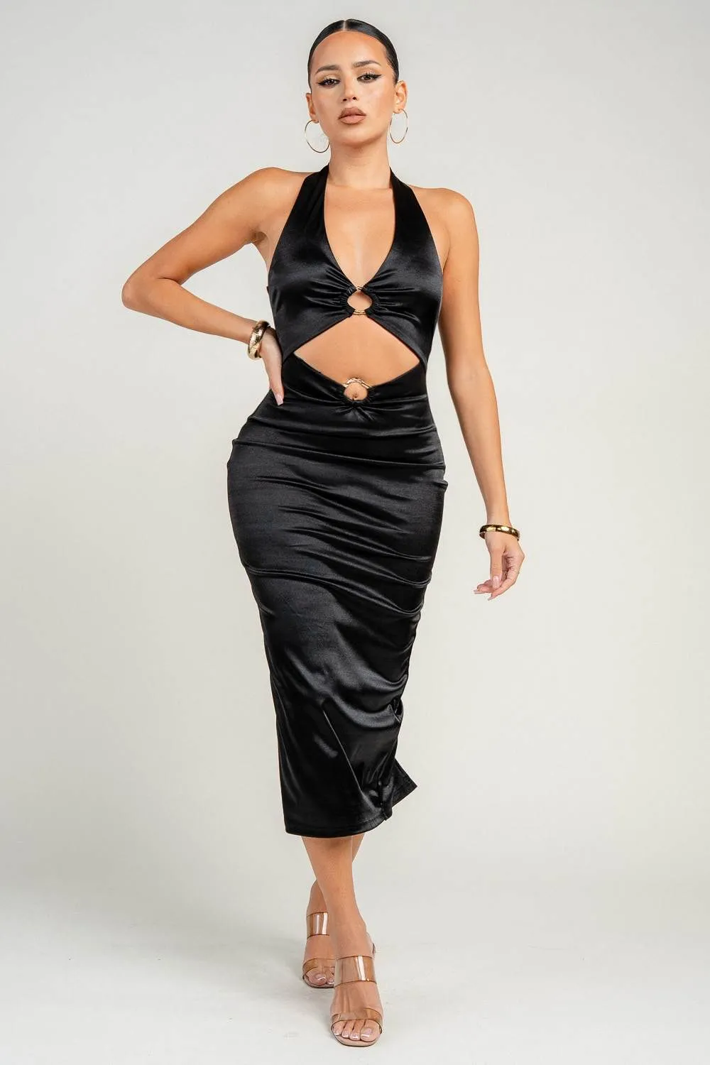 HD30541BTP / HALTER NECK CUT-OUT TTED MIDI DRESS sold by privy