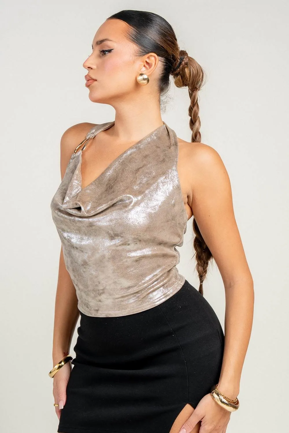 HT4201N / METALLIC HALTER COWL NECK RING DETAIL TOP sold by privy product image thumbnail 2