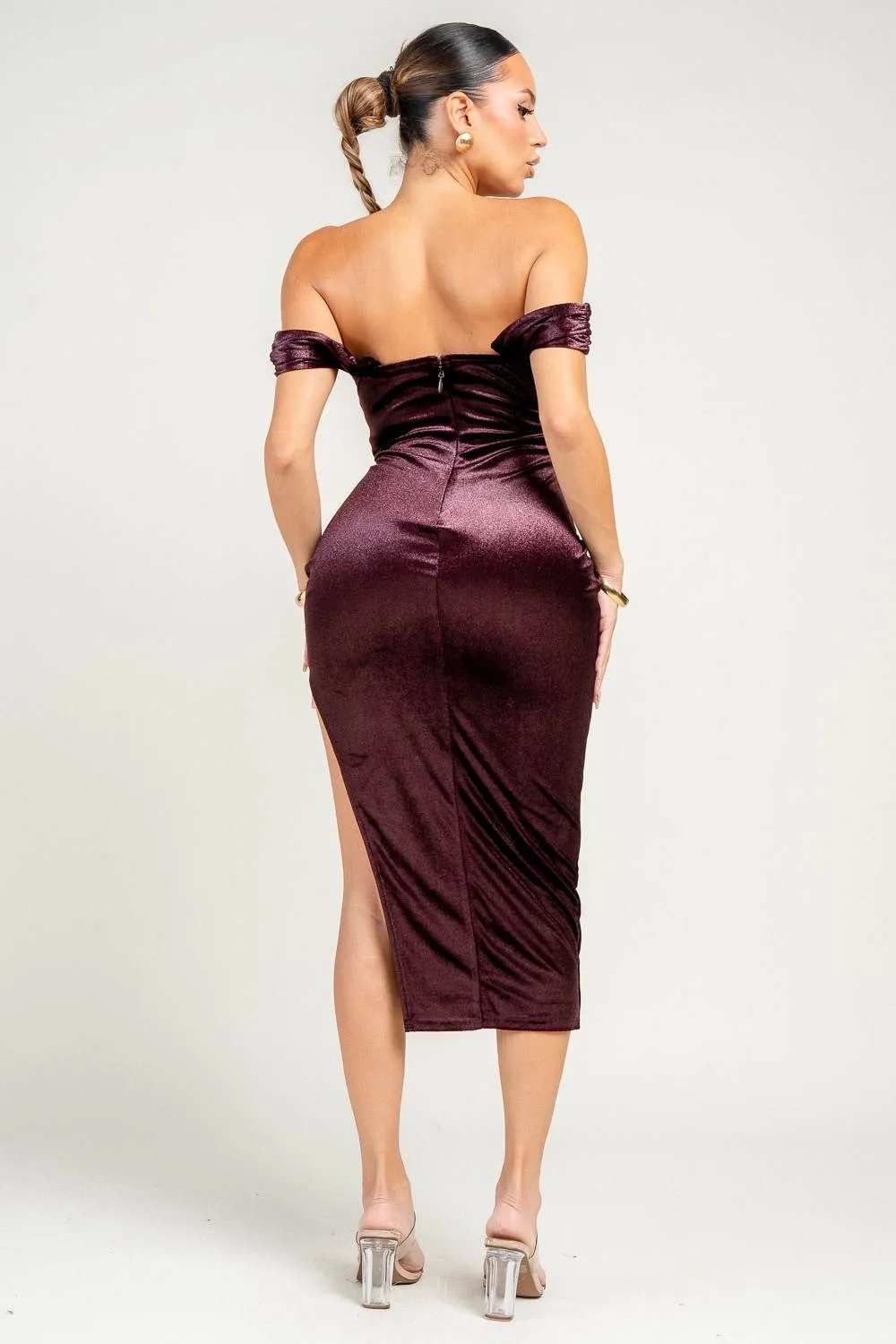 PD79362K / OFF SHOULDER BUSTIER SIDE SLIT MIDI BODYCON DRESS sold by privy product image thumbnail 3