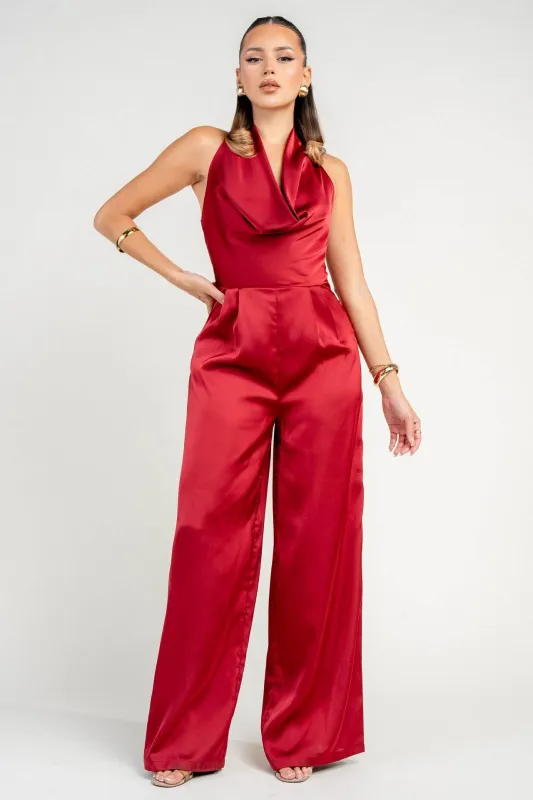HJ1052B / COWL HALTER NECK WIDE LEG JUMPSUIT sold by privy