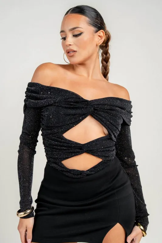HT4177S / OFF SHOULDER LONG SLEEVE CUT OUT DETAILED BODYSUIT sold by privy