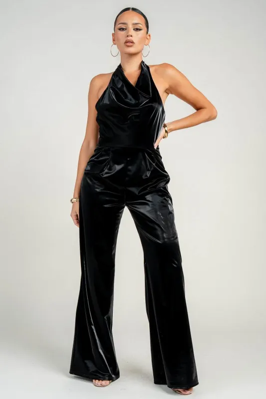 HJ1053S / HALTER COWL NECK WIDE LEG JUMPSUIT sold by privy