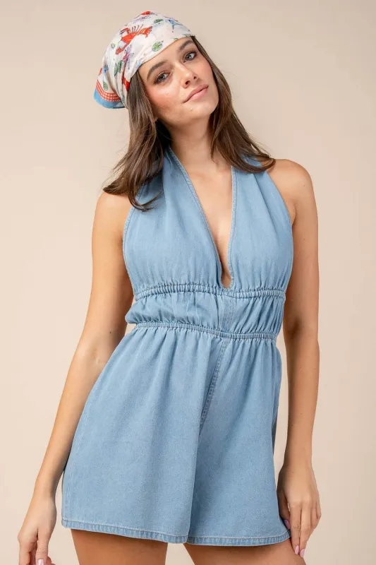 CJ40031Y / DEEP V NECK HALTER ROMPER sold by privy