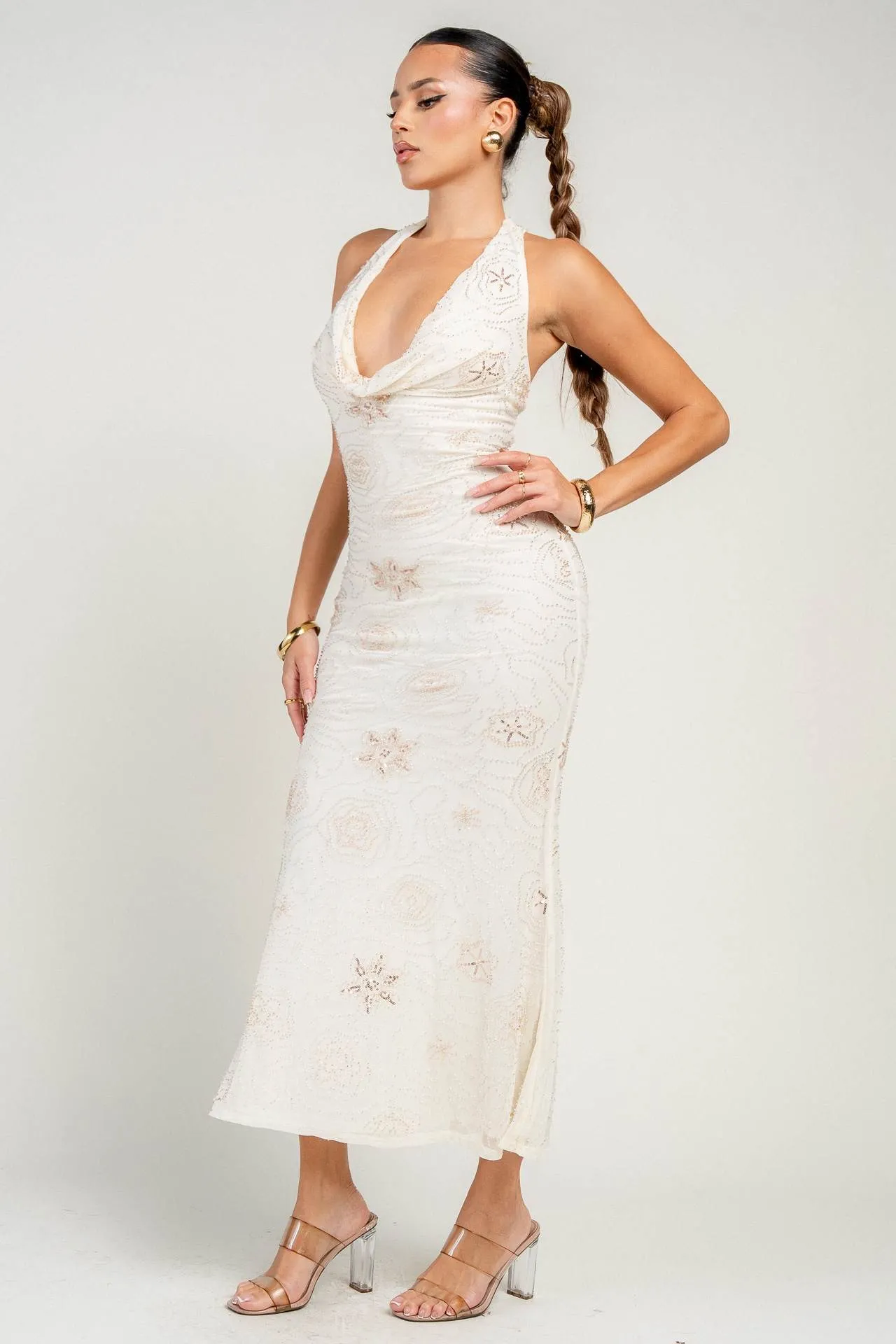 HD30720E / HALTER NECK LACE UP BACK DETAIL MERMAID MIDI DRESS sold by privy product image thumbnail 4