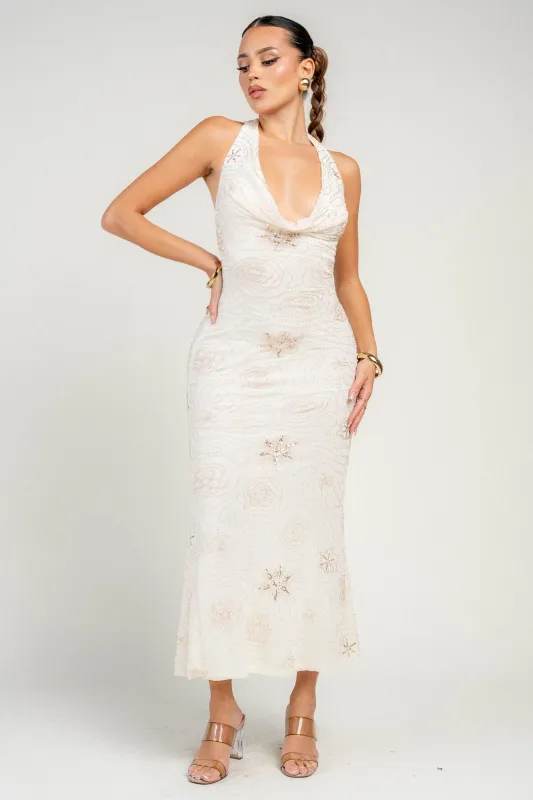 HD30720E / HALTER NECK LACE UP BACK DETAIL MERMAID MIDI DRESS sold by privy