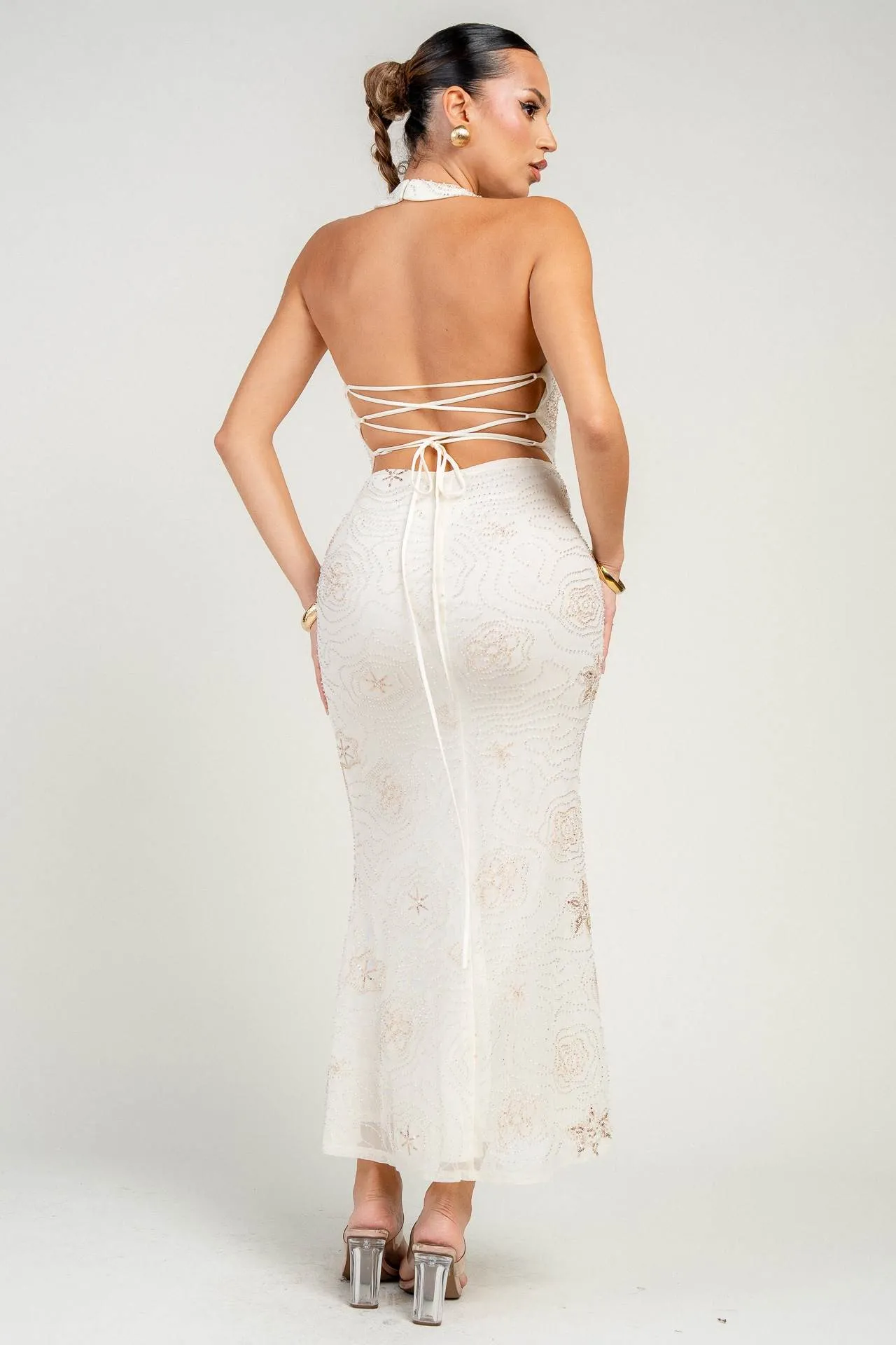 HD30720E / HALTER NECK LACE UP BACK DETAIL MERMAID MIDI DRESS sold by privy product image thumbnail 5