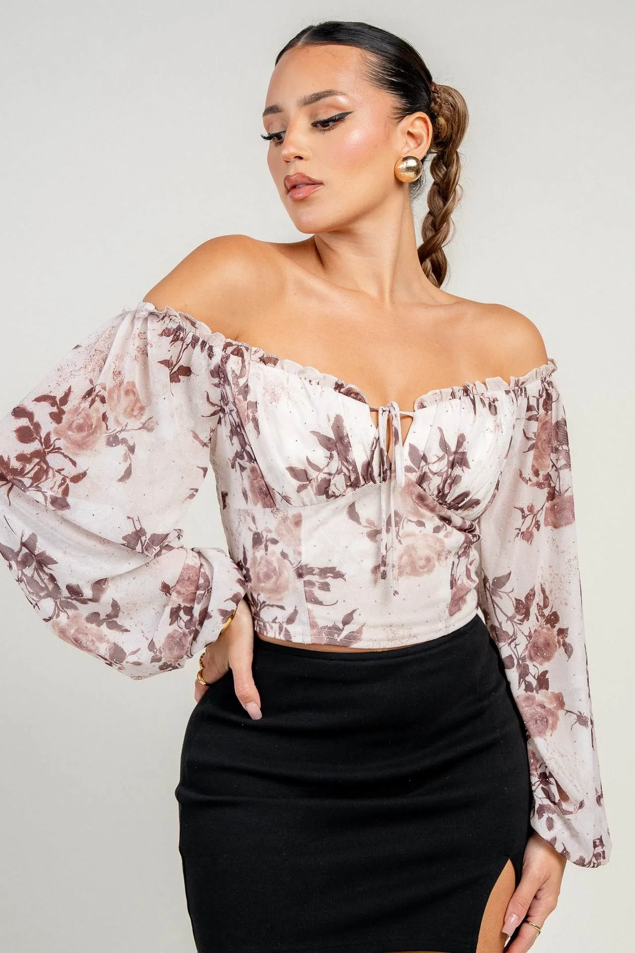 HT4184KST / RUFFLE OFF SHOULDER LONG SLEEVE FRONT TIE SMOCKED BACK TOP sold by privy product image thumbnail 3