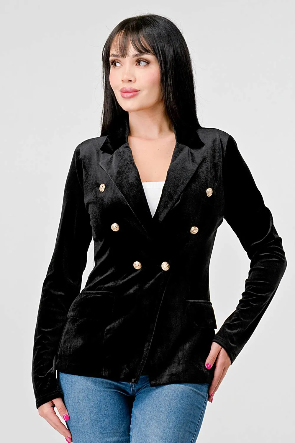 LUXE STRETCH VELVET DOUBLE BUTTONS BLAZER sold by privy