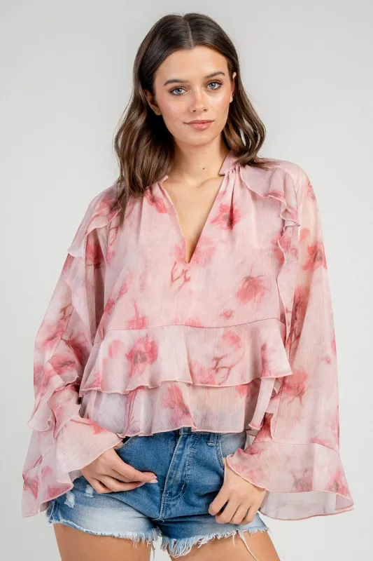 CT10621K / YORYU CHIFFON RUFFLED L/S V-NK BLOUSE sold by privy