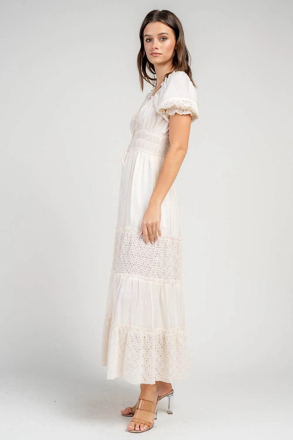 CD30724N / RAYON GAUZE MAXI DRESS W/ SHORT PUFF SLEEVES AND LACE TRIM ACCENTS sold by privy product image thumbnail 2