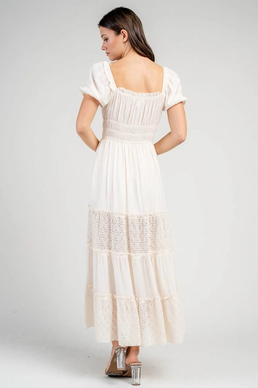 CD30724N / RAYON GAUZE MAXI DRESS W/ SHORT PUFF SLEEVES AND LACE TRIM ACCENTS sold by privy product image thumbnail 3