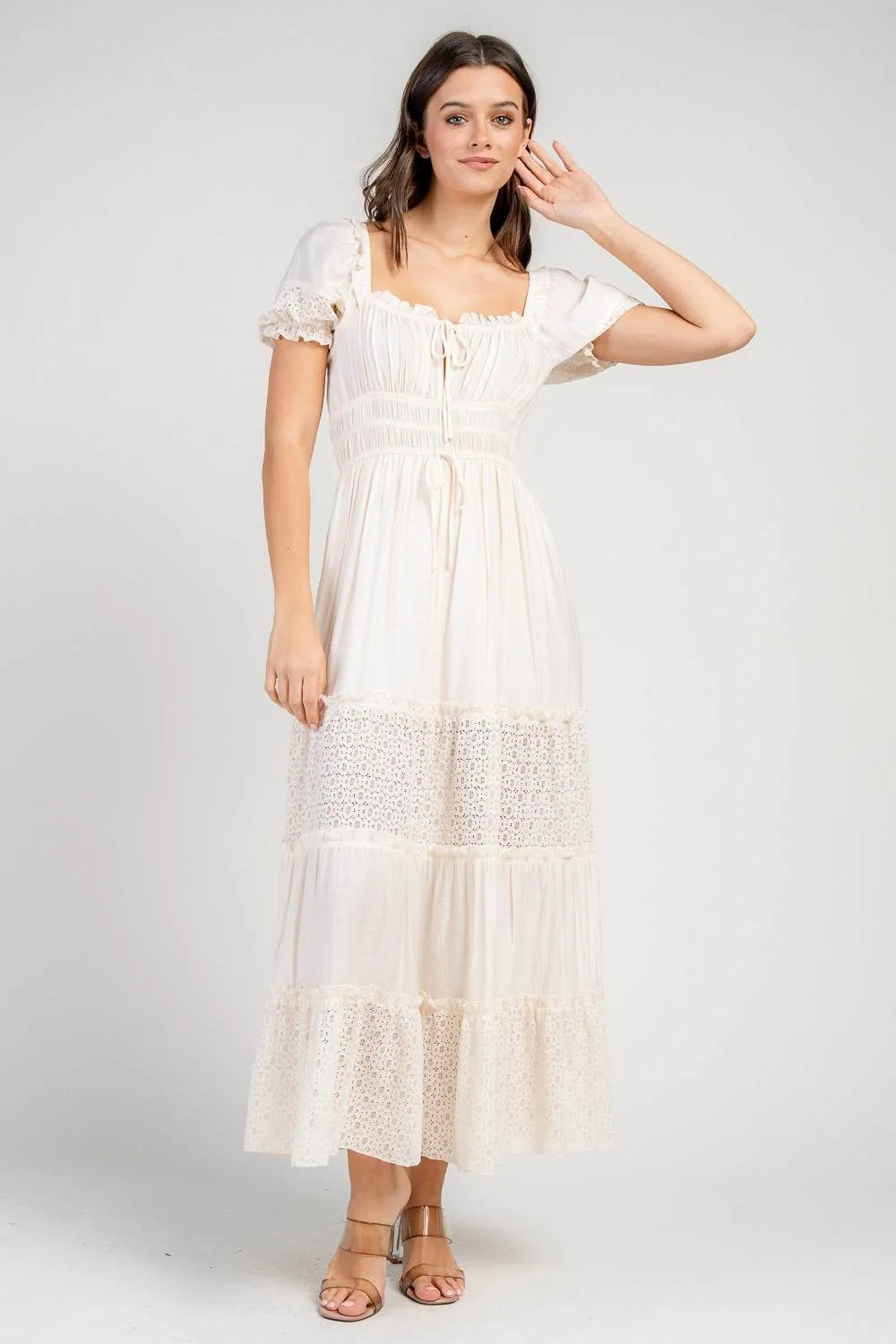 CD30724N / RAYON GAUZE MAXI DRESS W/ SHORT PUFF SLEEVES AND LACE TRIM ACCENTS sold by privy product image thumbnail 4